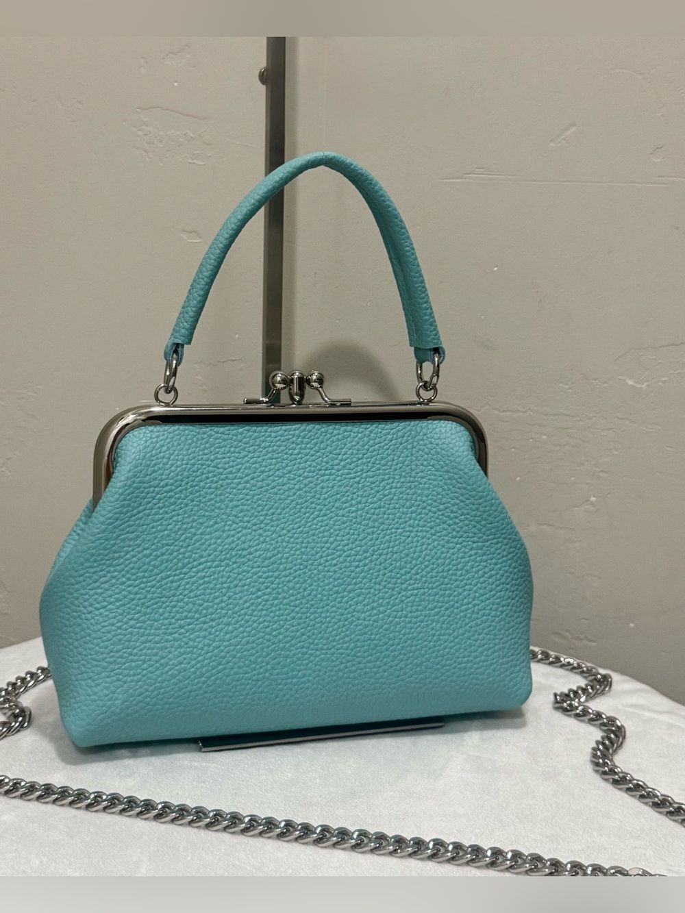 Turquoise Cowhide Calfskin Handmade Double Kisslock Frame Bag, Includes 3 Straps